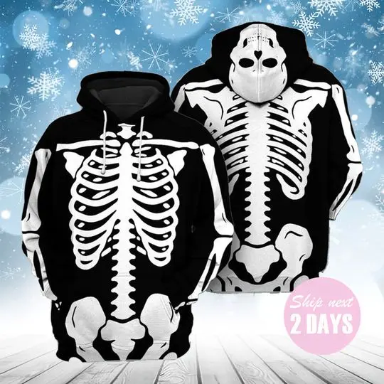 Halloween Custom Skeleton Apparel Hoodie, All Over Printed Sweatshirt, 3D Hoodie, Winter Hoodie, Cosplay Outfit