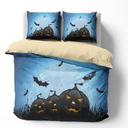 Halloween Bedding Set - Bats And Horror Pumpkins Blue Duvet Cover Set - Halloween Themed GiftsGift For Your Girlfriend Boyfriend Gift For Love Gift For Friend Best Valentine Present Holiday Gift