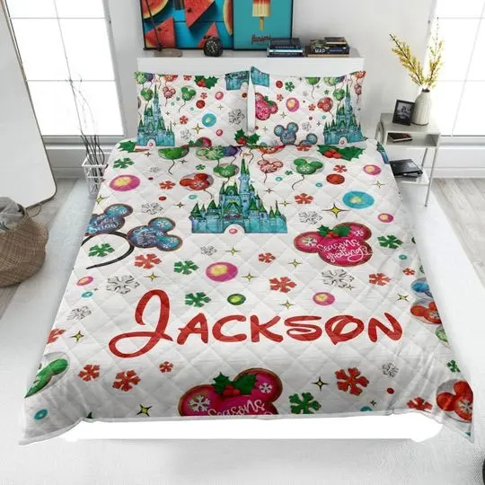 Christmas Magic Kingdom Quilt Bedding Set, Disney Christmas Quilt Blanket & Pillowcase, Christmas Quilt, Holiday Gift
