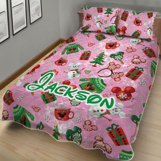 Personalized Disney Christmas Quilt Bedding Set, Custom Vintage Christmas MickeyGift For Your Girlfriend Boyfriend Gift For Love Gift For Friend Best Valentine Present Holiday Gift