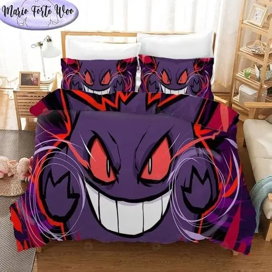 Gengar PKM Bedding, Three Piece Quilt CoverGift For Your Girlfriend Boyfriend Gift For Love Gift For Friend Best Valentine Present Holiday Gift