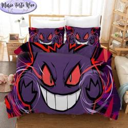 Gengar PKM Bedding, Three Piece Quilt CoverGift For Your Girlfriend Boyfriend Gift For Love Gift For Friend Best Valentine Present Holiday Gift
