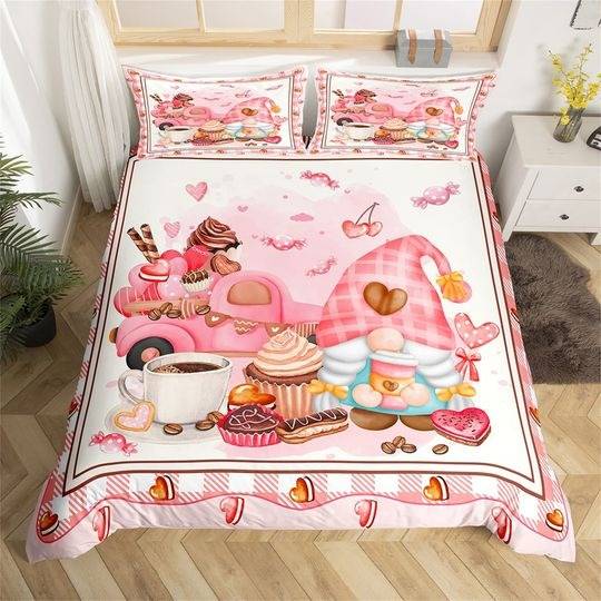 Dessert Handmade Duvet Cover, Cute Christmas Gnome Watercolor Truck Sweet Food Bedding Set Gift For Your Girlfriend Boyfriend Gift For Love