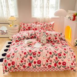 Watercolor Flower Tulip Handmade Bedding Set, Cartoon Cute Rabbit GraffitiGift For Your Girlfriend Boyfriend Gift For Love Gift For Friend Best Valentine Present Holiday Gift