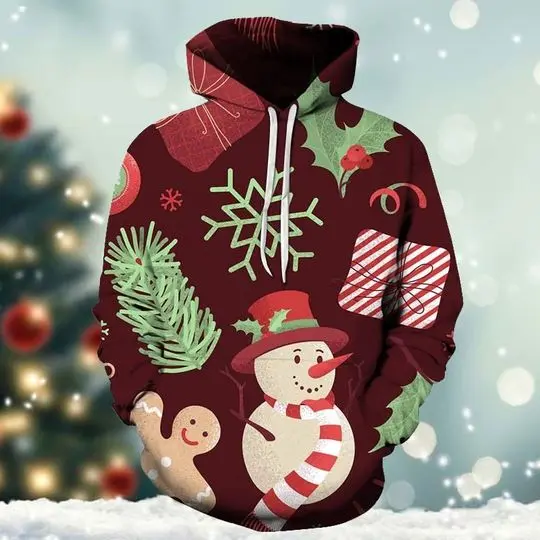 Snowman Pattern Drawing 3D Hoodie, Birthday Gift, Christmas Hoodie