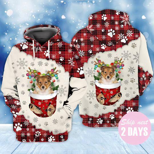 Shetland Sheepdog In Snow Pocket Merry Christmas 3D Hoodie, Winter Hoodie