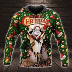 Santa Claus Riding Reindeer Skull Merry Christmas 3D HOODIE
