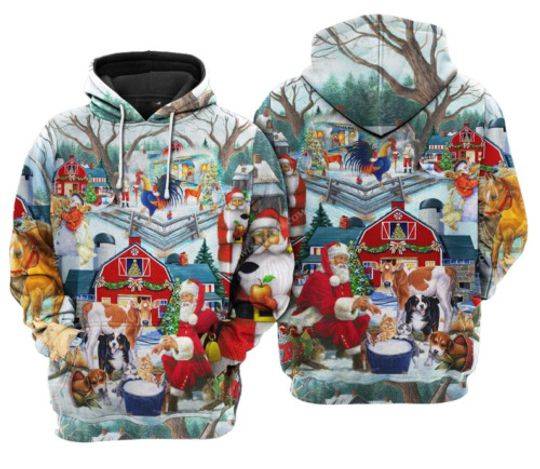 Christmas On The Farm Santa Claus Play With Farm Animals 3D HOODIE Christmas Gift