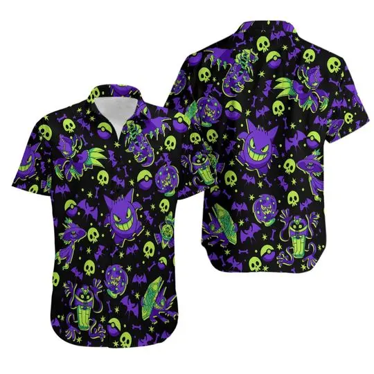 Gengar Ghost Hawaiian Shirt, Button Up Shirt Gift For Your Girlfriend Boyfriend Gift For Love Gift For Friend Best Valentine Present Holiday Gift