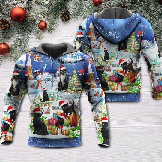 Christmas Black Cat Merry Catmas 3D Hoodie, Christmas cat, Cat lover, Meowy Catmas Christmas Santa