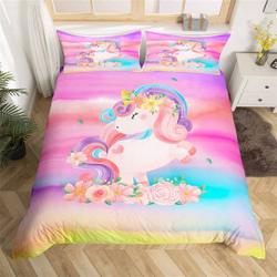 Floral Unicorn Duvet Cover, Cartoon Cute Animal Horse Bedding Set Gift For Your Girlfriend Boyfriend Gift For Love Gift For Friend Best Valentine Present Holiday Gift