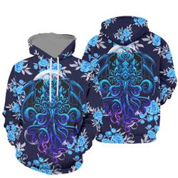 Custom Personalized Blue Floral Cthulhu Pattern 3D Hoodie