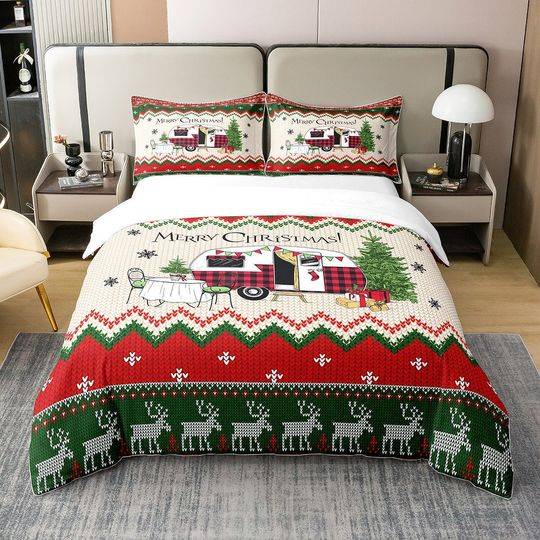 Christmas 100% Cotton Duvet Cover, Xmas Pine Tree Snowflake Red Green Bedding Set Gift For Your Girlfriend Boyfriend Gift For Love Gift For Friend Best Valentine Present Holiday Gift