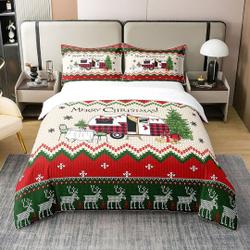 Christmas 100% Cotton Duvet Cover, Xmas Pine Tree Snowflake Red Green Bedding Set Gift For Your Girlfriend Boyfriend Gift For Love Gift For Friend Best Valentine Present Holiday Gift