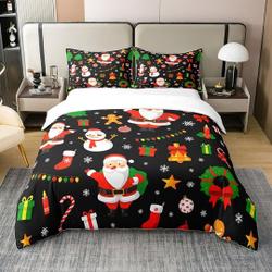 Christmas 100% Cotton Duvet Cover, Xmas Santa  Snowman Pine Tree Jingle Bell Bedding Set Gift For Your Girlfriend Boyfriend Gift For Love Gift For Friend Best Valentine Present Holiday Gift