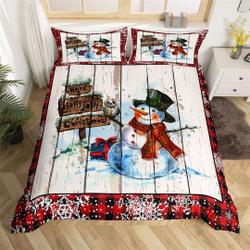 Christmas Snowman Handmade Duvet Cover, Red Black Plaid Wooden Board Bedding Set Gift For Your Girlfriend Boyfriend Gift For Love Gift For Friend Best Valentine Present Holiday Gift