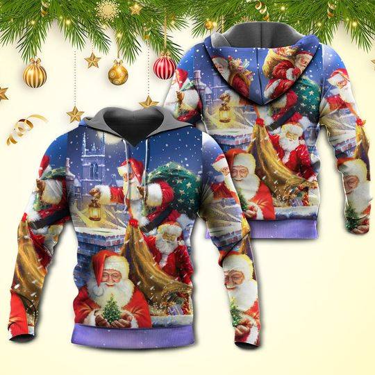 Christmas Funny Santa Claus Up On Rooftop Art 3D Hoodie, Funny Christmas 3D Hoodie