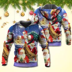 Christmas Funny Santa Claus Up On Rooftop Art 3D Hoodie, Funny Christmas 3D Hoodie