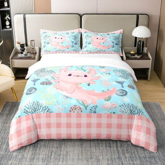 Cute Axolotl 100% Cotton Duvet Cover, Cartoon Ocean Animal Marine LifeGift For Your Girlfriend Boyfriend Gift For Love Gift For Friend Best Valentine Present Holiday Gift