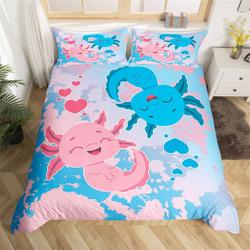 Cartoon Cute Axolotl Duvet Cover Set, Watercolor Pink Blue Gradient Tie Dye Bedding Set Gift For Your Girlfriend Boyfriend Gift For Love Gift For Friend Best Valentine Present Holiday Gift