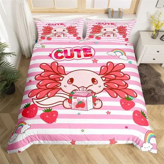 Cute Axolotl Handmade Bedding Set, Cartoon Strawberry Milk Fruit RainbowGift For Your Girlfriend Boyfriend Gift For Love Gift For Friend Best Valentine Present Holiday Gift