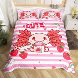 Cute Axolotl Handmade Bedding Set, Cartoon Strawberry Milk Fruit RainbowGift For Your Girlfriend Boyfriend Gift For Love Gift For Friend Best Valentine Present Holiday Gift