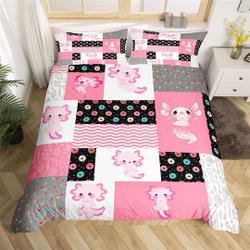 Pink Axolotl Duvet Cover, Geometric Plaid Stripe Polka Dots Print Bedding Set Gift For Your Girlfriend Boyfriend Gift For Love Gift For Friend Best Valentine Present Holiday Gift