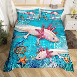 Cartoon Axolotl Duvet Cover, Ocean Animal Starfish Undersea Coral Bedding Set Gift For Your Girlfriend Boyfriend Gift For Love Gift For Friend Best Valentine Present Holiday Gift