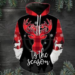 Tis The Season Deer Christmas Red Plaid 3D Hoodie, Lovers Gift