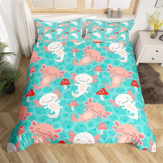 Pink White Axolotl Animal Bedding Set, Red Mushroom Cartoon Plant GraffitiGift For Your Girlfriend Boyfriend Gift For Love Gift For Friend Best Valentine Present Holiday Gift