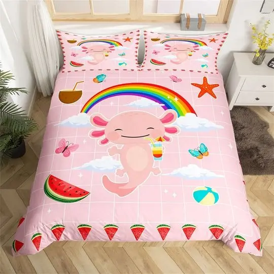 Cartoon Cute Axolotl Duvet Cover, Colorful Rainbow Watermelon Butterfly Print Bedding Set Gift For Your Girlfriend Boyfriend Gift For Love Gift For Friend Best Valentine Present Holiday Gift