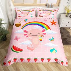 Cartoon Cute Axolotl Duvet Cover, Colorful Rainbow Watermelon Butterfly Print Bedding Set Gift For Your Girlfriend Boyfriend Gift For Love Gift For Friend Best Valentine Present Holiday Gift