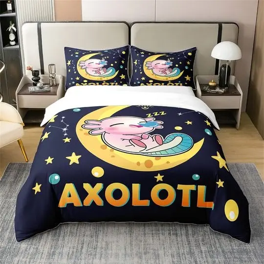 Sleeping Axolotl 100% Cotton Duvet Cover, Cartoon Cute Ocean Animal Bedding Set Gift For Your Girlfriend Boyfriend Gift For Love Gift For Friend Best Valentine Present Holiday Gift