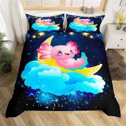 Pink Axolotl Duvet Cover, Starry Moon Night Galaxy Fancy Clouds Sky Bedding Set Gift For Your Girlfriend Boyfriend Gift For Love Gift For Friend Best Valentine Present Holiday Gift