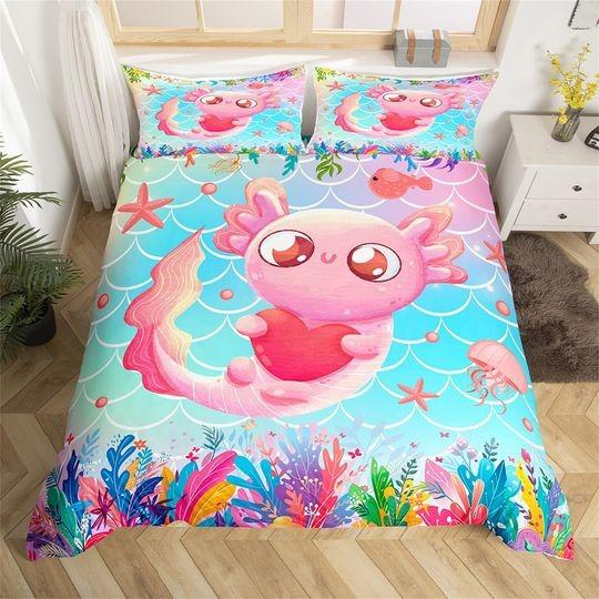 3D Print Axolotl Handmade Animal Bedding Set, Pink Ocean Marine Life UnderseaGift For Your Girlfriend Boyfriend Gift For Love Gift For Friend Best Valentine Present Holiday Gift