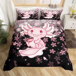 Cartoon Pink Axolotl Duvet Cover, Watercolor Ocean Animal Fantasy Floral Bedding Set Gift For Your Girlfriend Boyfriend Gift For Love Gift For Friend Best Valentine Present Holiday Gift