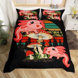 Cartoon Axolotl Animal Duvet Cover, Wild Mushroom Botanical Plant Bedding Set Gift For Your Girlfriend Boyfriend Gift For Love Gift For Friend Best Valentine Present Holiday Gift