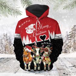 Merry Christmas Cow 3D Hoodie, Christmas Hoodie, Cow 3D Hoodie