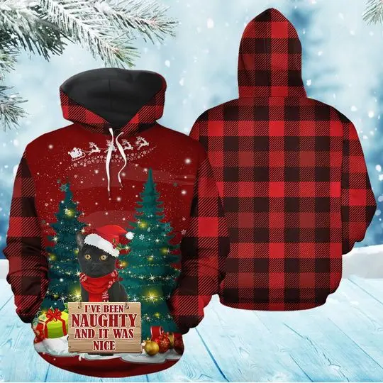 Black Cat Naughty Christmas Hoodie, Christmas 3D Hoodie