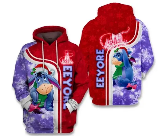 Eeyore With Santa Hat White Snowflakes Merry Christmas Hoodie 3D Printed