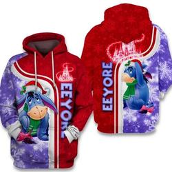Eeyore With Santa Hat White Snowflakes Merry Christmas Hoodie 3D Printed