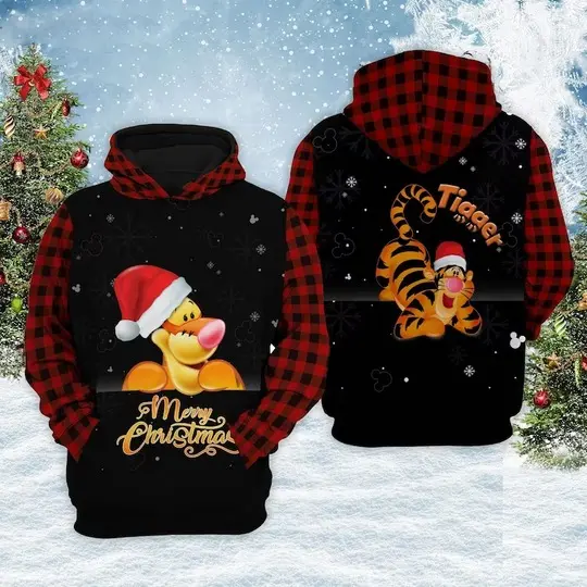 Tigger Merry Christmas Xmas Gift Red Plaid Pattern Hoodie 3D Printed