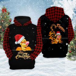 Tigger Merry Christmas Xmas Gift Red Plaid Pattern Hoodie 3D Printed