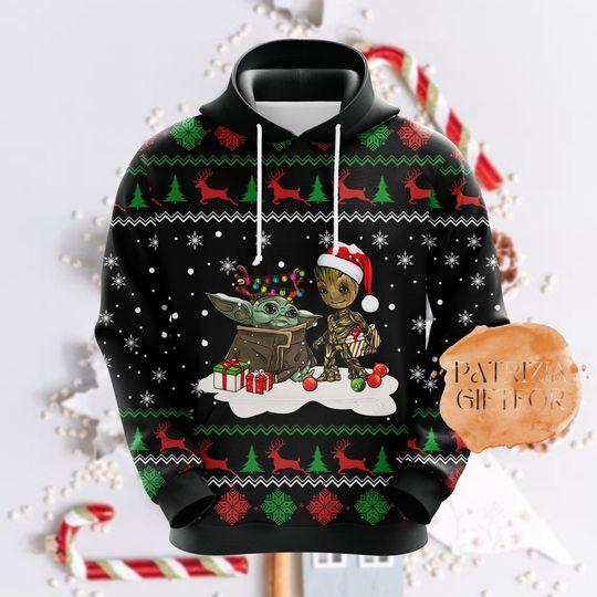 Baby Yoda And Groot Christmas Hoodie, Cute Groot Christmas Hoodie
