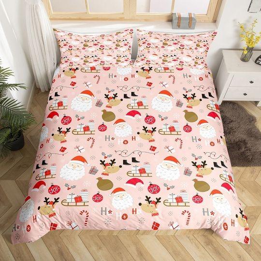 Merry Christmas Handmade Bedding Set Cartoon Xmas Santa Reindeer Jingle Bell SnowyGift For Your Girlfriend Boyfriend Gift For Love Gift For Friend Best Valentine Present Holiday Gift