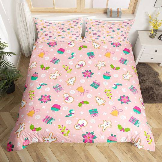 Merry Christmas Bedding Set Cartoon Snowman Gingerbread Poinsettia Graffiti Bedding Set Gift For Your Girlfriend Boyfriend Gift For Love Gift For Friend Best Valentine Present Holiday Gift