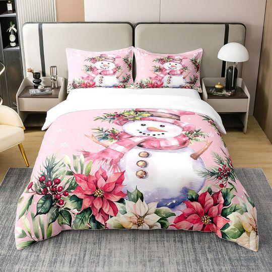 Christmas Snowman Bedding Set Xmas Gifts Watercolor Poinsettia Botanical Bedding Set Gift For Your Girlfriend Boyfriend Gift For Love Gift For Friend Best Valentine Present Holiday Gift
