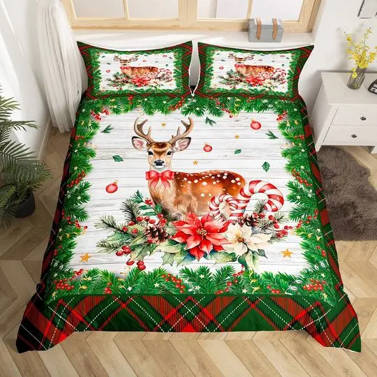 Christmas Reindeer Handmade Bedding Set Retro Red Green Plaids Wooden Board Bedding Set Gift For Your Girlfriend Boyfriend Gift For Love Gift For Friend Best Valentine Present Holiday Gift