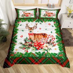 Christmas Reindeer Handmade Bedding Set Retro Red Green Plaids Wooden Board Bedding Set Gift For Your Girlfriend Boyfriend Gift For Love Gift For Friend Best Valentine Present Holiday Gift