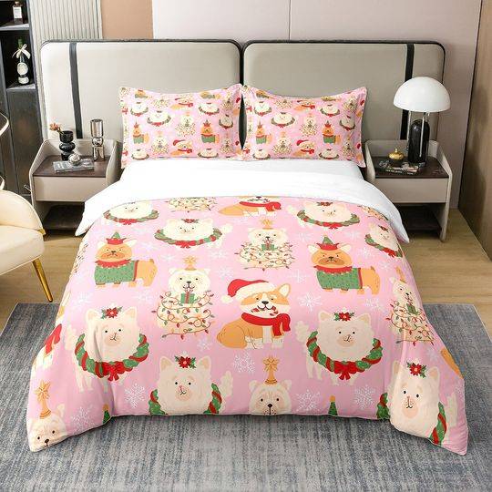 Christmas Dog Bedding Set Cartoon Akita Chow Chow Cowgi Puppy Pet Animal Graffiti Bedding Set Gift For Your Girlfriend Boyfriend Gift For Love Gift For Friend Best Valentine Present Holiday Gift